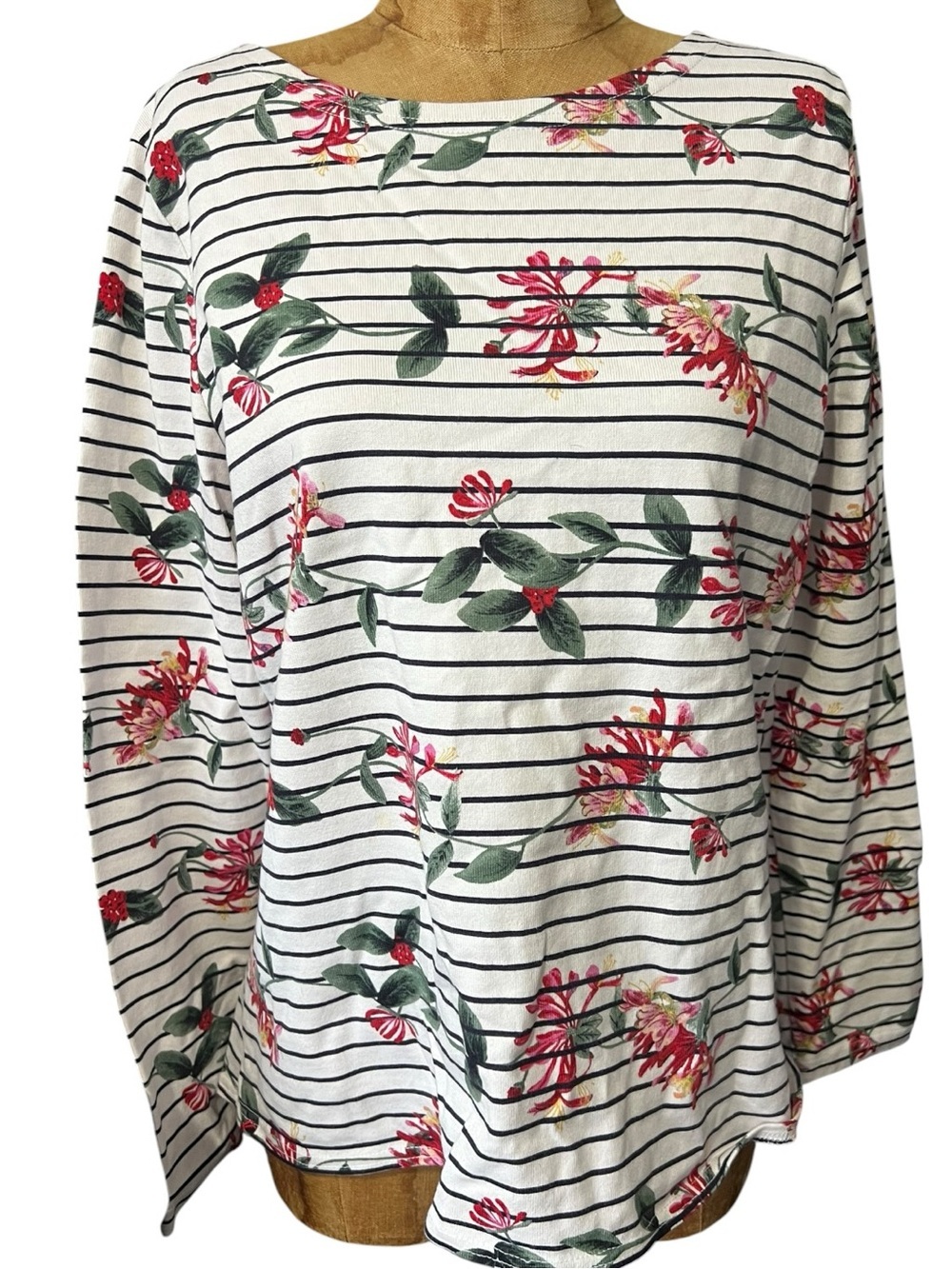 Joules White Striped Long-Sleeve Top with Pink Floral Print 12 EUC